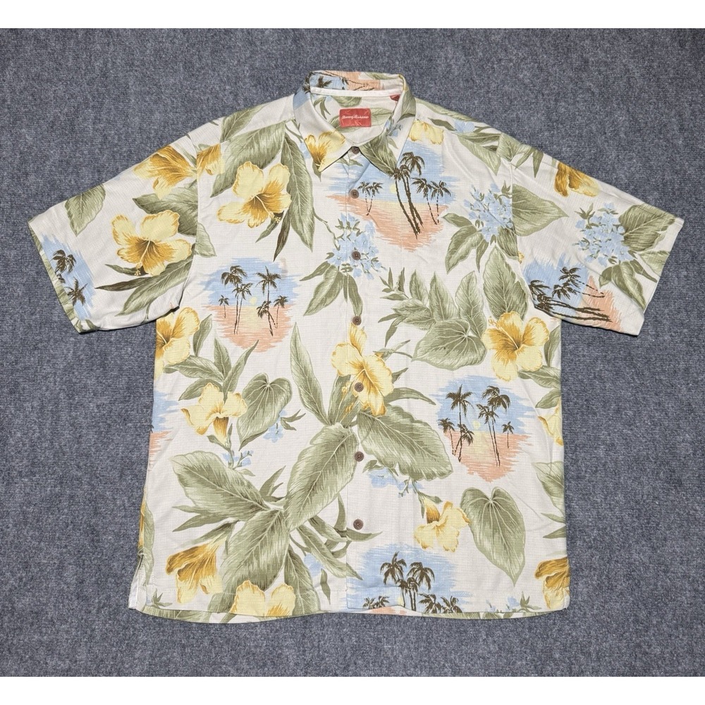 Tommy Bahama 100% Silk Floral Hawaiian Short Sleeve Button Men L Floral Palms
